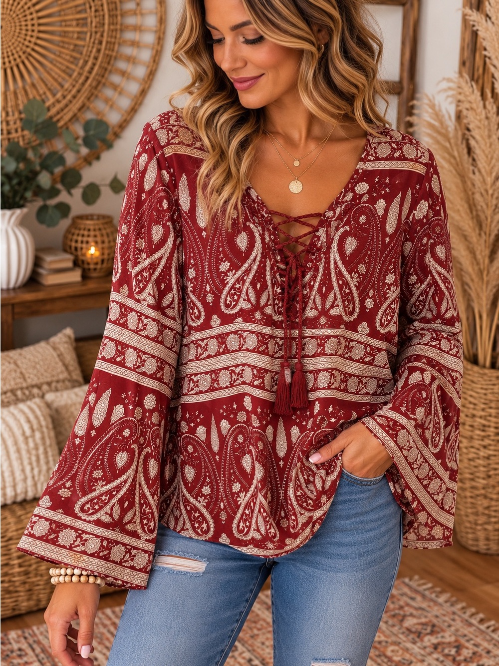 Blu Pepper Red Paisley Lace-Up Bell Sleeve Blouse